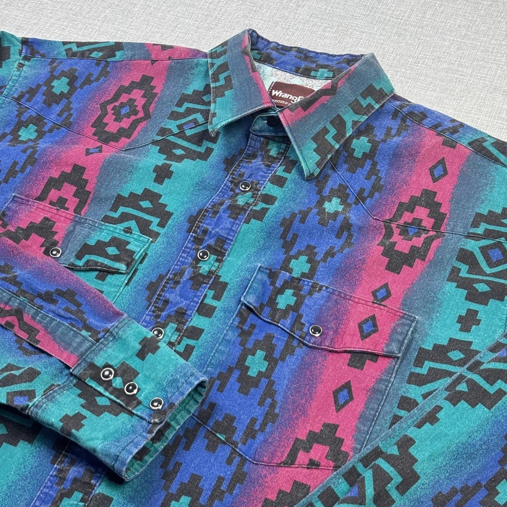Wrangler Vintage Brushpopper Southwestern Shirt Mens XLT Multicolor Snap Button‎